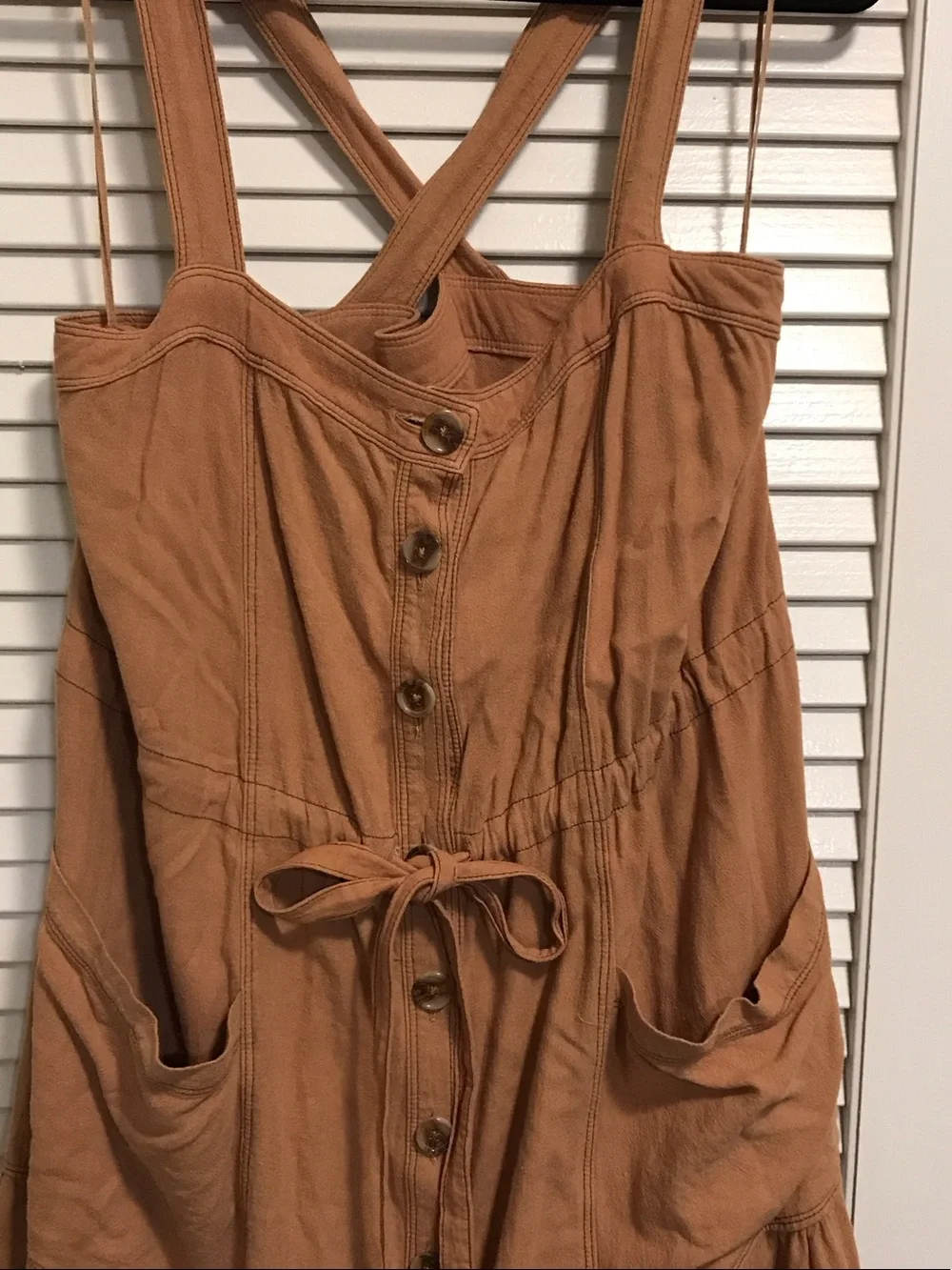 NWT Free People Caramel Button-Front Maxi Jumper Dress w Pockets -Lg